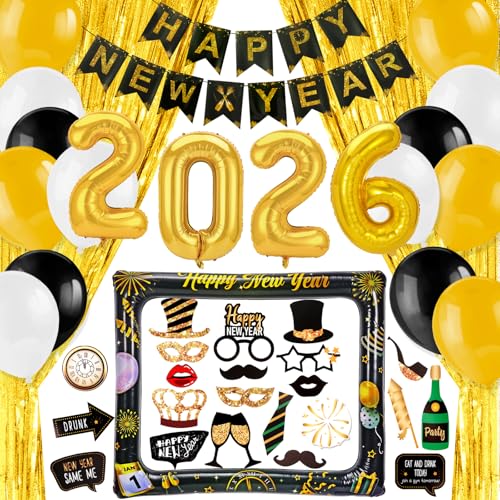 HOWAF Kit de Decoração de Passagem de Ano 2026, Bandeira Feliz Ano Novo, Balões 2026, Photocall de Passagem de Ano Cotillon para Fim de Ano Decoração de Passagem de Ano 2026