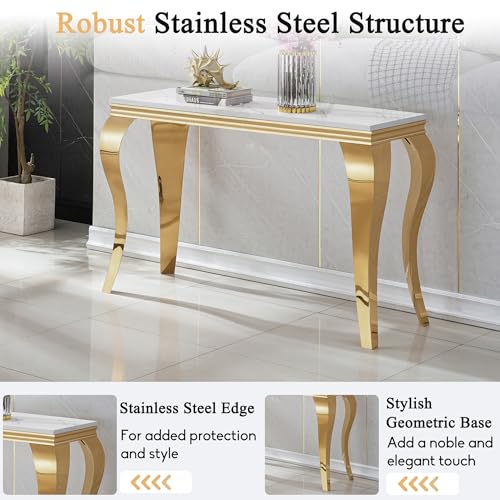 Image of Luxury Marble Console Table, White Faux Marble Top, Gold Stainless Steel S Legs, 46.8 inch Sofa Console Table Behind Couch, Modern Entryway Table for Hallway, Entrance, Foyer, Living Room