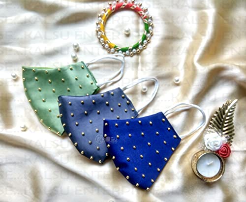 Image of ᵀᴹ : WEDDING SPECIAL Cloth Face Mask - Washable Light Weight Satin - Cotton Masks MULTI COMBO (GREEN-BLUE-GRAY COMBO)