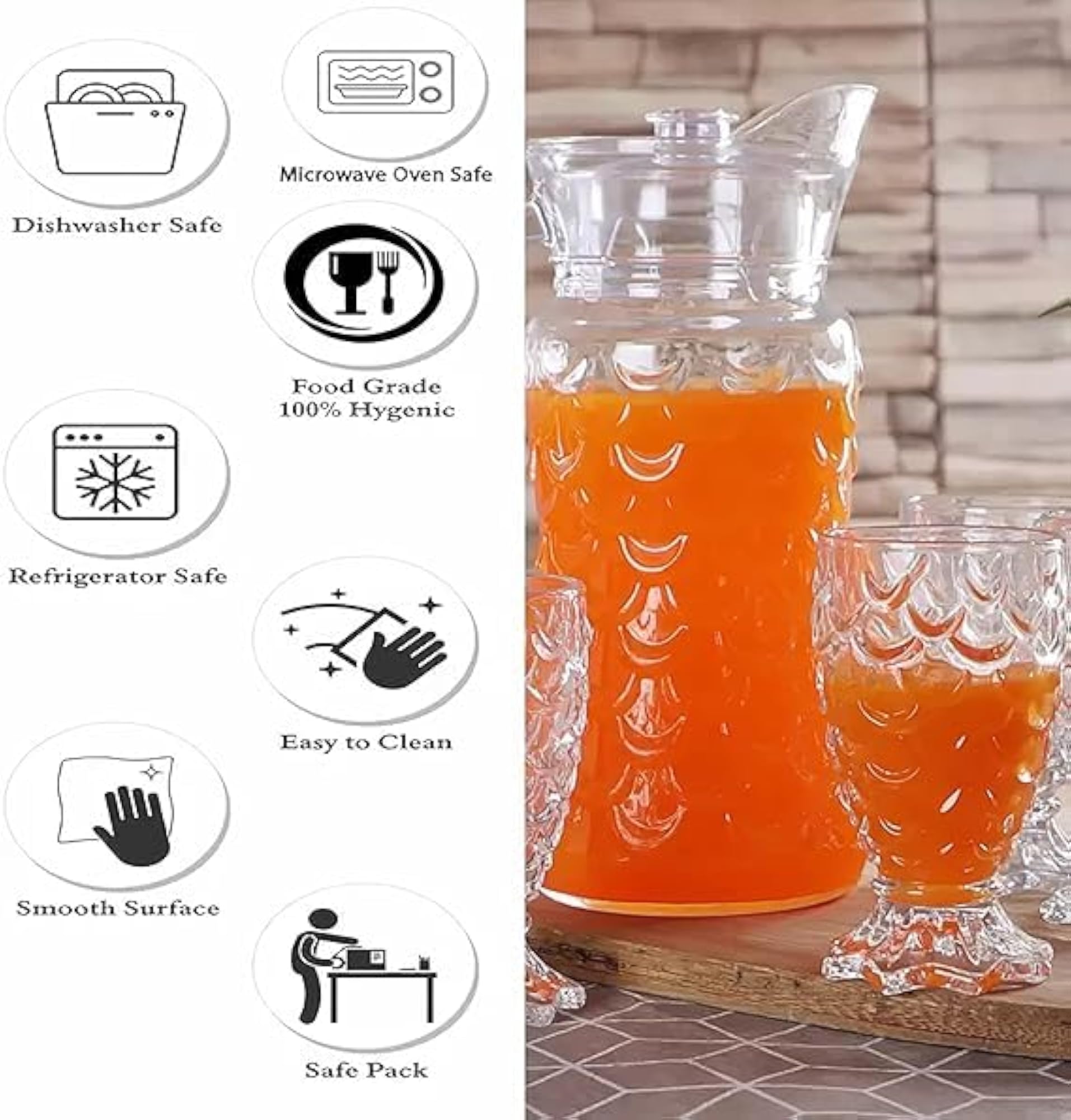 Italian Glass Beverage Set, 6 Glasses and Pitcher, Crystal Pattern