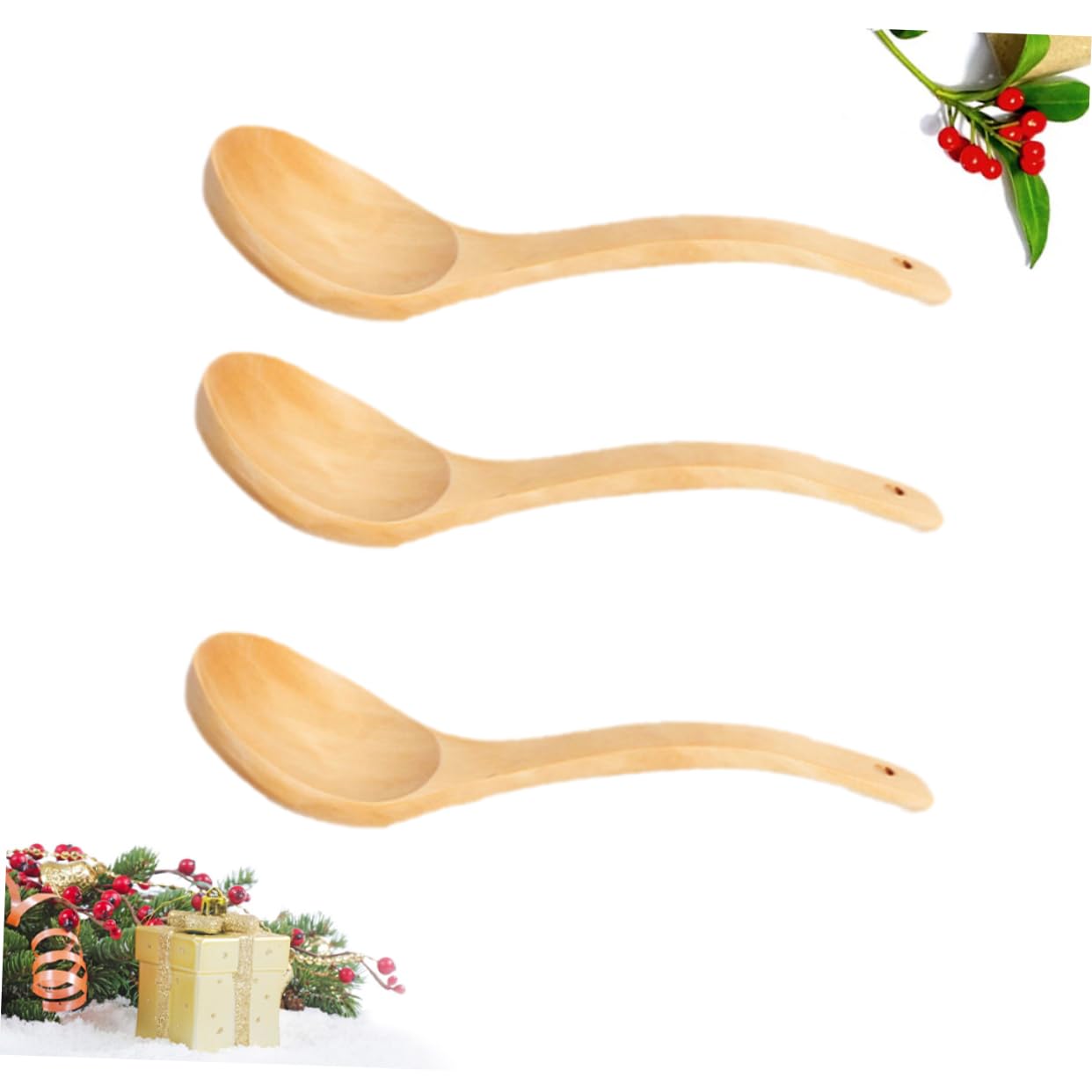 MUCKLILY 3pcs Solid Wood Soup Spoons Natural Burlywood Color Kitchen Utensils for Serving Soup Salad Rice Curries Small Tableware for Home Restaurant