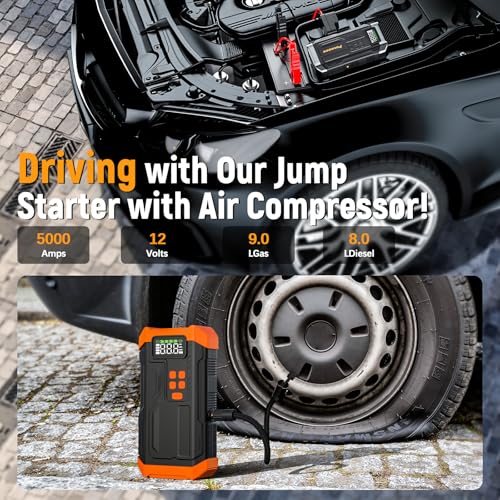 Image of 5000A Jump Starter with Air Compressor,Car Jumper Starter Portable with 150PSI Tire Inflator 12V Jump Box with LCD Display,Flashlight,Storage Case (Up 9L Gas /8L Diesel Engine(Orange