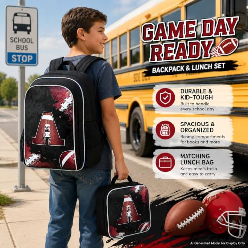 Image of gxtvo 3PCS Boys Rugby Bookbag, 17 inch Kids Letter Backpack with Lunch Box, Water Resistant Middle Elementary School Bag - Rugby A