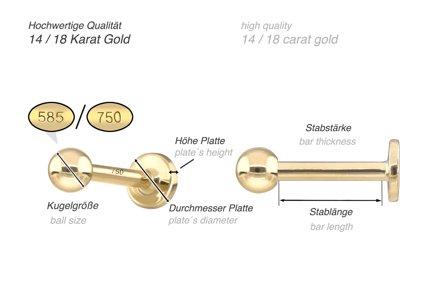 PIERCINGLINE Piercing Stecker 14K Gold Labret 585er Gold - Roségoldfarben, Goldfarben, Silberfarben