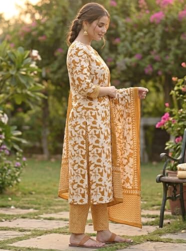 Image of Women's Cotton Printed A-Line Kurta Pant & Dupatta Set | Floral A Line Kurta with Pants | 3 Piece Ethnic Suit Set | Daily, Office & Casual Wear | Co-Ord Set