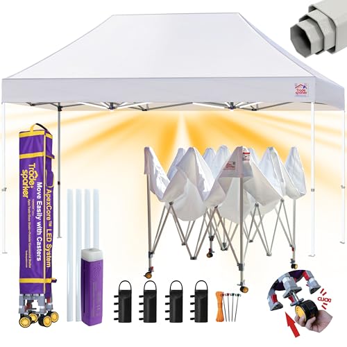 Image of Tradesparker 8x12 Pop Up Canopy Tent,Commercial Movable Canopy with ApexCore LED&Rugged Casters-Instant Easy Setup Shelter Canopies with Weight Bags&Stakes for Outdoor Events Markets Vendors,White