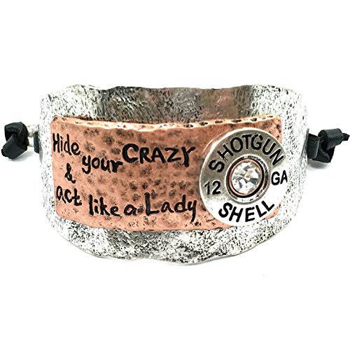 Western Peak Hammered Plate Hide Your Crazy Act Like a Lady 12 Gauge Shotgun Shell Leather Cuff Bracelet (Silver)