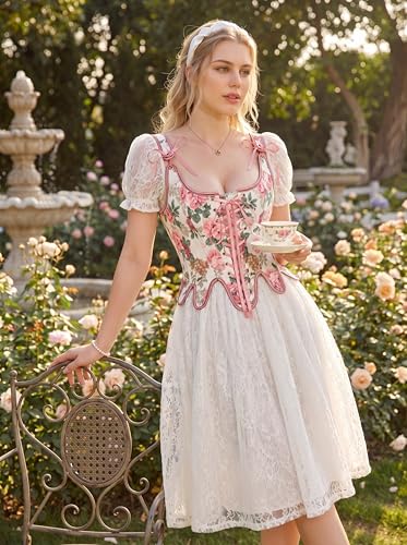 Image of Scarlet Darkness Corset Tops for Women Floral Renaissance Bustier Bodice | Ideal for Halloween, Ren Faire, Theme Party; Overbust, Adjustable Straps, Lace Up, Irregular Hem, Zip Closure, Hand Wash