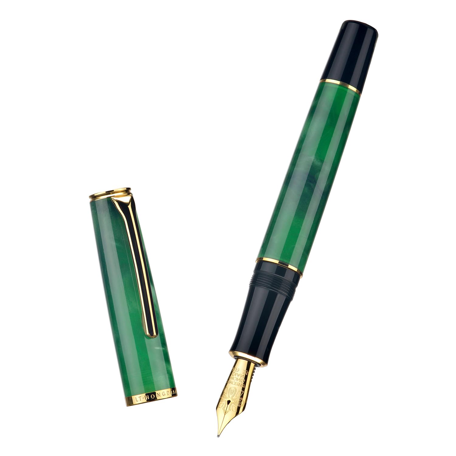 HONG DIAN N12 Piston Fountain Pen Extra Fine Soft Nib, Grass Green Acrylic & Classic Streamlined Design with Metal Case Set