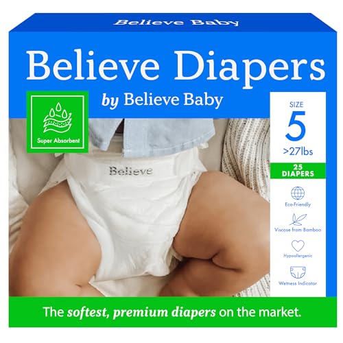 Image of Believe Diapers Size 5 (>27 Lbs) Viscose Bamboo Diapers 25 Count – Natural Baby Diaper, Chemical Free and Fragrance Free Natural Diaper for Sensitive Skin, Super Absorbent with Leak Protection