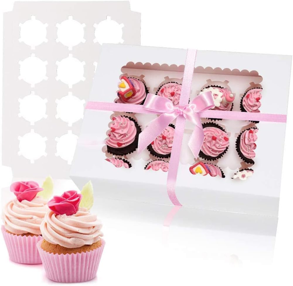 5-Set Cupcake Boxes | Hold 12 Standard Muffins, Pastries | Windows & Inserts | Transport Treats with Style