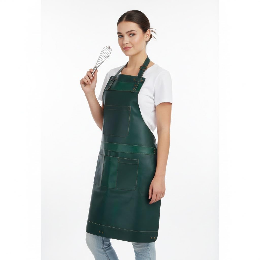 Delantal verde de cuero de grano completo, delantal de carnicero, delantal de cocina, delantal de cocina, delantal de trabajo de madera, delantal de cheff, regalo de parrilla para barbacoa, delantal