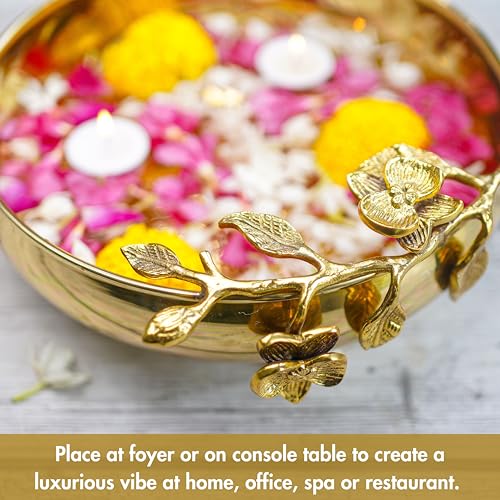 Image of BEHOMA Flower Design Brass Urli Decor Bowl, 10 inch | Flower-design brass urli bowl, 10 inch; golden centerpiece for haldi, mehndi, wedding & Diwali decor.