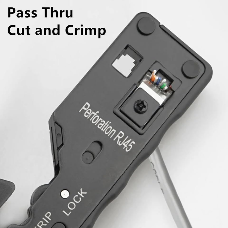 Image of ComTech Cat7 Cat5 passthrough crimping tool kit rj45 all in one crimper for cat5 cat5e cat6 cat7 includes ethernet network cable tester with wire stripper cutter 50pc cat6 connectors & 50pc boots set
