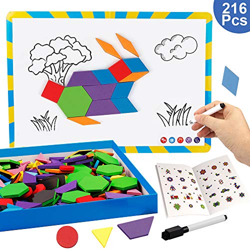 Vanmor 216PCS Magnetic Pattern Blocks Set with 298 Pattern Book & Magnet Board