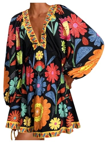 RoseSeek Womens Boho Floral V Neck Mini Dresses Bishop Sleeve Tie Back c Dress Black Large
