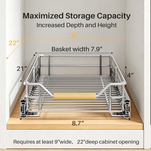 Image of Pull out Cabinet Organizer, 9 inchW X 21 inchD, Heavy Duty Smooth Sliding Under Cabinet Shelves for Pots and Pans, Full-Extension Roll out Drawers, Slide out Organization for Home Kitchen Pantry