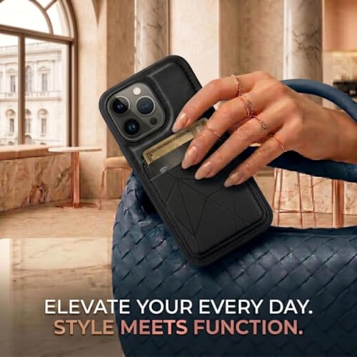 Image of amazon basics Premium Vegan Leather Back Cover with Card Holder and Integrated Mobile Stand for iPhone 13 Pro Max - Slim Shockproof Wallet Case with Geometric Stitching [Black]