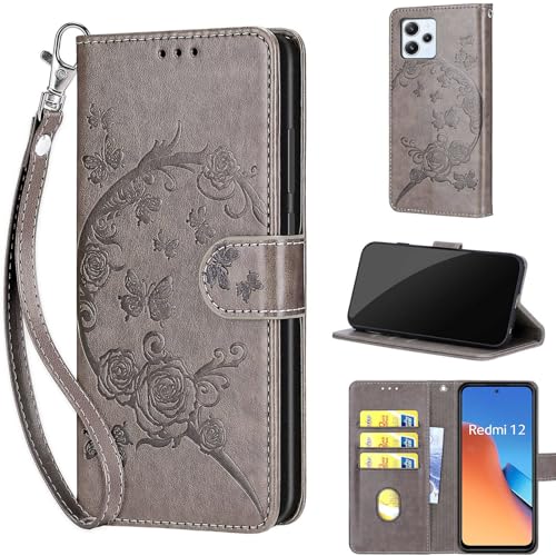 Funda Xiaomi Redmi 12 4G y Note 12R de piel sintética gris con diseño de flor