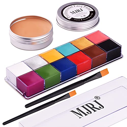 12 Colors MJRJ Face Body Paint Oil Professional Hypoallergenic Face Painting and Nose & Scar Wax with 2pcs Professional Wooden Brushes for Art Theater, Halloween, Parties and Cosplay