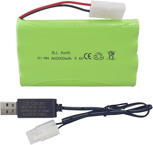 AA 9.6V 2800mAh Batería recargable con enchufe Tamiya y cable de carga USB adecuado para coches de juguete RC, camiones, tanques, vehículos de