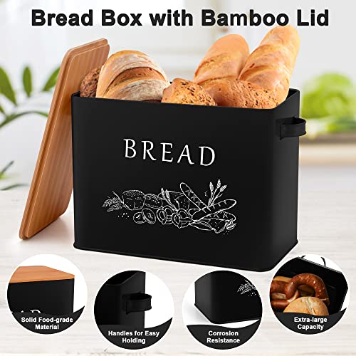 Lianyu Black Bread Box With Bamboo Lid For Kitchen Countertop, Large Farmhouse Metal Bread Storage Container Organizer, Vintage Bread Bin Keeper For Counter 13X7X9.8 Inch #TOP3