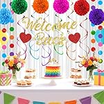 Welcome Back Party Decorations Colorful Glittery Welcome Signs Banner Hanging Swirls Paper Pompoms Circle Dots Garland for New Employee Coworker Office First Day of School Classroom Back Home Party - Image 2