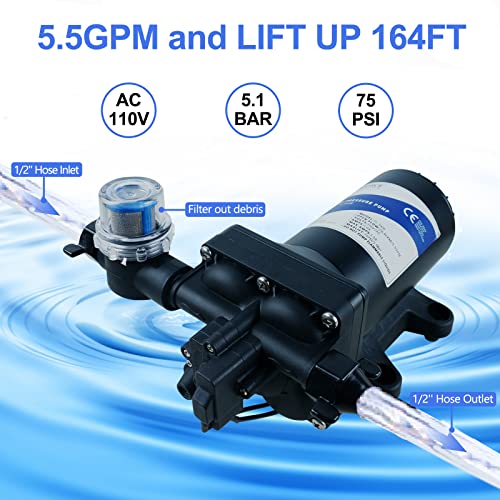 Tdrsuper Water Pressure Booster Pump, 110V Ac Water Diaphragm Pump, 5.5Gpm 75Psi With Power Plug, Self Priming Rv Water Pump For Home Kitchen Bathroom Rv Marine Yacht Garden Hose Black thumb #1