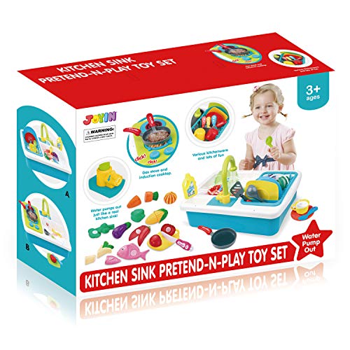 JOYIN Pretend-n-Play Play Kitchen Accessories Washing Dishes Toy Sink Playset with Running Water, Stove, Utensils and Playfood Cutting Food Toy