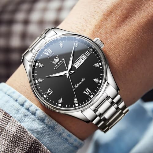 Image of OLEVS Automatic Watches for Men Self Winding Mechanical Wristwatch Luxury Business Dress Stainless Steel Luminous Waterproof Calendar Mens Watch