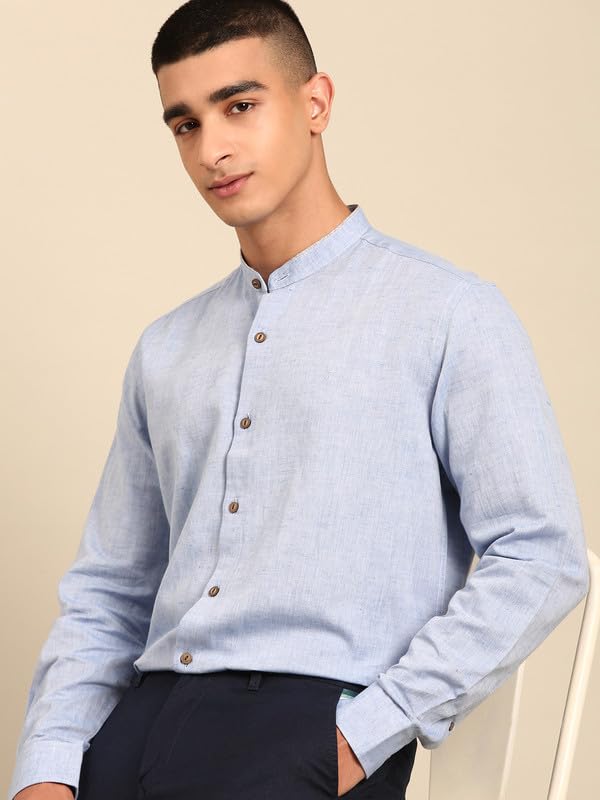 Image of Cavallo by Linen Club Men's Blended Linen Blue Solid Contemporary Fit Full Sleeve Casual Shirt