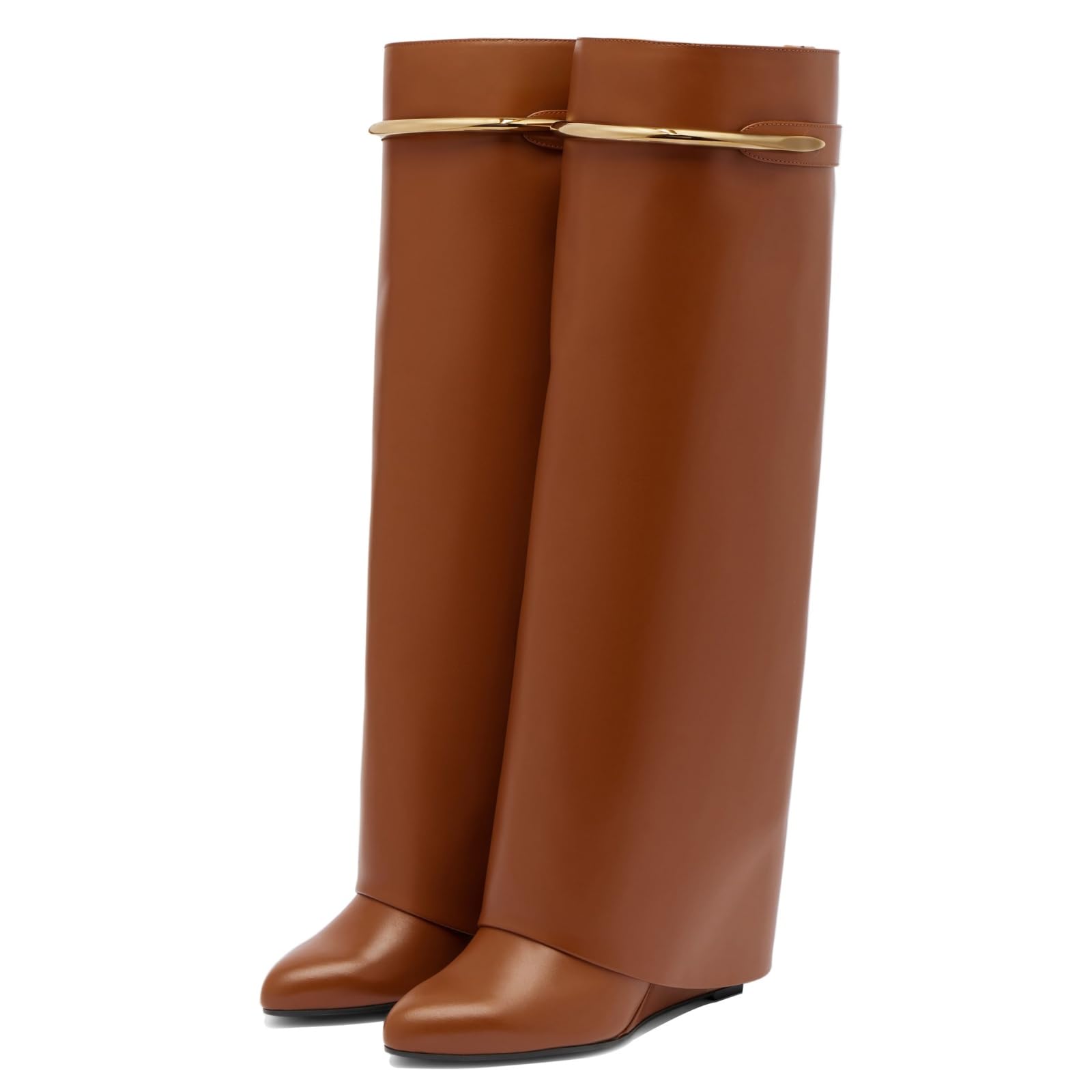 Goolita Fold Over Boots For Women Pointed Toe Wedge Heel Knee High Boots Fashion Comfortable Slip On Tall