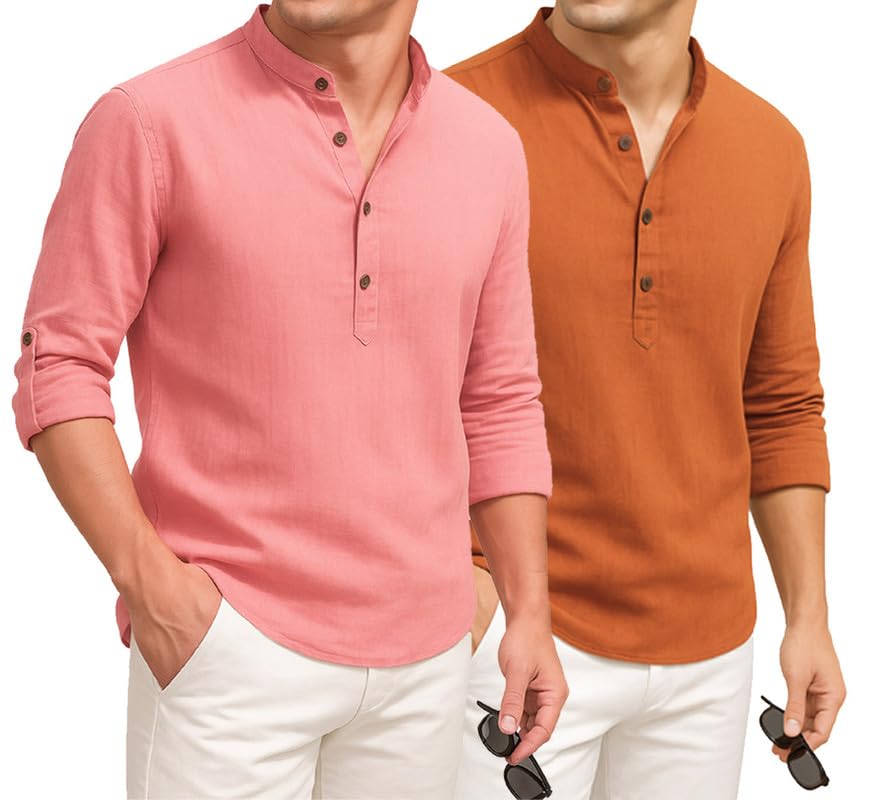 Image of DEELMO Combo of Men's Cotton Blend Solid Regular Fit Full Sleeve Short Kurta | Men's Trendy Short Kurta Pack of 2
