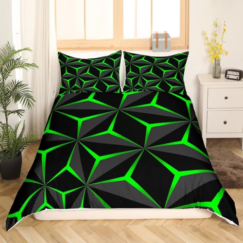 Homemissing Neon Honeycomb Duvet Cover Double Size,Geometric Stereoscopic Theme Teens Boys Bedding Set,Adults Bedroom Decoration 3D Green Print Comforter Cover Set All Season - Image 3