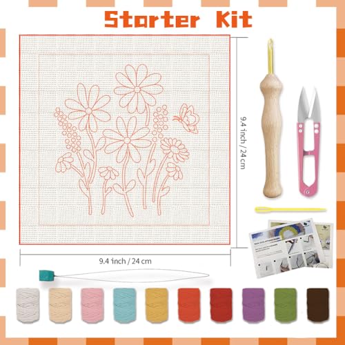 Image of BEUNITONE 2 Sets Daisy Flower Punch Needle Embroidery Starter Kits Flowers Plants Punch Needle Kit for Beginners Punch Embroidery Kits with Frame Instructions for Wall Painting Decor 9.4'' x 9.4''