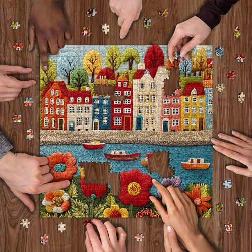 Rompecabezas PICKFORU de 1000 piezas con tema de pueblo bordado y flores, para adultos, decoración para el hogar miniatura 7