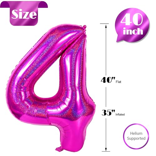 Image of Laser Hot Pink 4 Balloon, Number Balloons 40 Inch, 4th Birthday Decorations Four Large Numbers for Party Decor, Number 4 Balloon