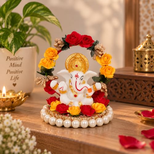 eCraftIndia Resin Lord Ganesha Idol On Decorative Rose Flower Pla...