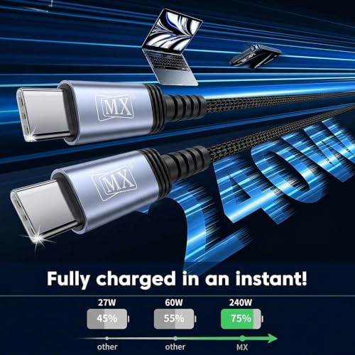 Image of MX 240W USB C to USB C Cable PD 3.1,Type C to Type C Fast Charging Cable High Speed Data Transfer & Charging Type C Cable for MacBook, iPhone, Samsung Galaxy S25 /S24, iPad & Laptops - 2Mtr Cord