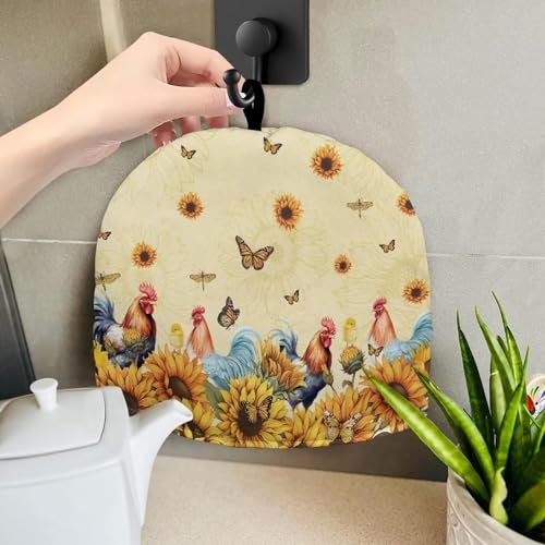 Image of Teapot Warmer Tea Pot Cover Keep Tea Warm Insulation Teapot Cozies Machine Washable Kettle Cover Breakfast Warmer for Teapot British Home Decor, Rooster Sunflower Butterfly