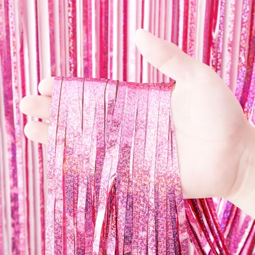 Image of Voircoloria 2 Pack 3.3x8.2 Feet Laser Pink Foil Fringe Backdrop Curtains, Tinsel Streamers Birthday Party Decorations, Fringe Backdrop for Graduation, Baby Shower, Gender Reveal, Disco Party