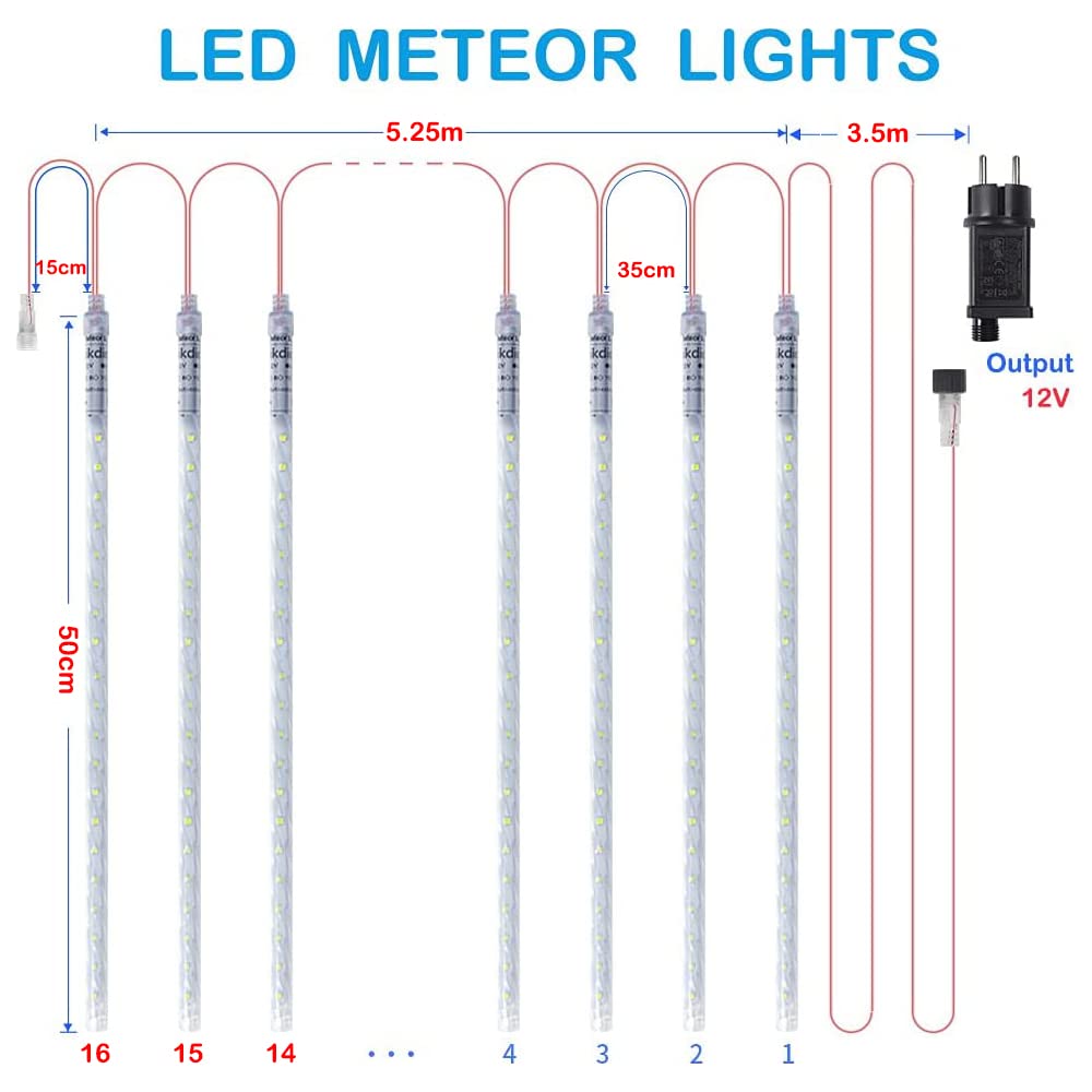 Weihnachtslichter für draußen, Meteorschauer Lichter 16 Spiralschläuche 50cm 864 LEDs 5,25m Lit Länge, Wasserdichte Schneefalllichter für Weihnachtsdekoration im Freien Baum Fenster (Weiß)