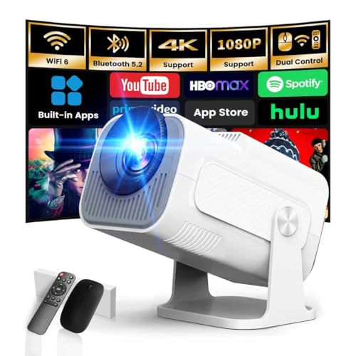 [Smart Projector & Built-in Apps] Mini Projector Support 4K 1080P FHD Portable Projector with WiFi and Bluetooth 180 Rotatable Auto Keystone Compatibile with HDMI/TV Stick/Memory Stick/Laptop White