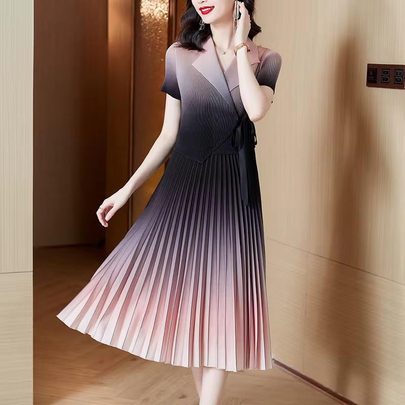 Robe d'été plissée dégradée à manches courtes et col en V - 3