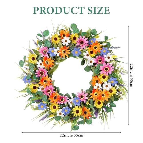 Couronne artificielle de 22 pouces avec fleurs colorées et feuilles d'eucalyptus pour porte - 6