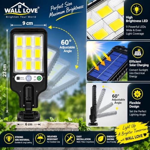Image of 180W Solar Street Light with Remote Control, 108 COB LED Solar Street Light Outdoor with PIR Motion Sensor, 3 Lighting Modes, 60 Degree Adjustable, IP65 Waterproof for Garden, Gate, Wall