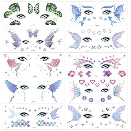 10pcs Glitter Tattoo Kit, Ymapinc Face Glitter Tattoos Kit, Fairy Wings Temporary Tattoos Adult, Festival Accessories Makeup Stickers, Rave Festival Butterfly Party Favors Fairy Costume for Woman