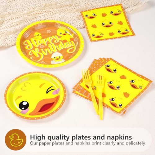 Image of Grencian 96Pcs Duck Birthday Party Decorations,Serve 24 | Cartoon Yellow Duck Plates and Napkins Tableware Set Duckie Baby Shower Decorations for One Lucky Ducks Birthday Supplies