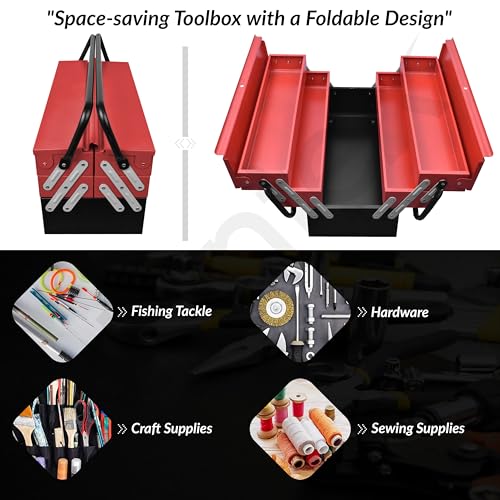 Image of Plantex Tool Box Empty /Sturdy Tools Storage Box With Large Capacity /Empty Tool Box /Tool Organizer for Carpenter, Garage, And Home Essential Tools - 5 Compartments - (Red & Black) - Metal