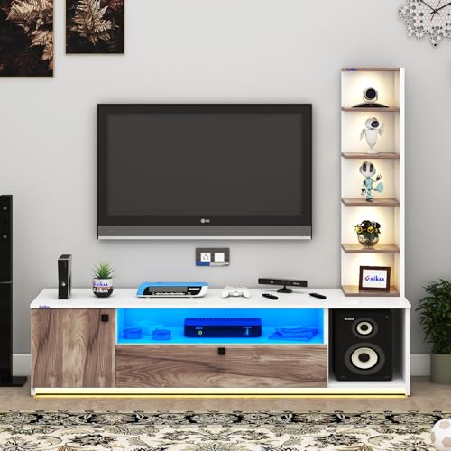 Image of Anikaa Engineered Wood Floor Standing Modern TV Unit with LED Light for Living Room | 2-Door & Open Box Cabinet with Side Shelf | Ideal for Up to 55 Inch | (White /Coachwood) DIY Installation